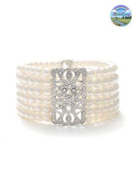 Pearl Crystal Stretch Cuff Bracelet Vintage Art Deco Bridal Wedding